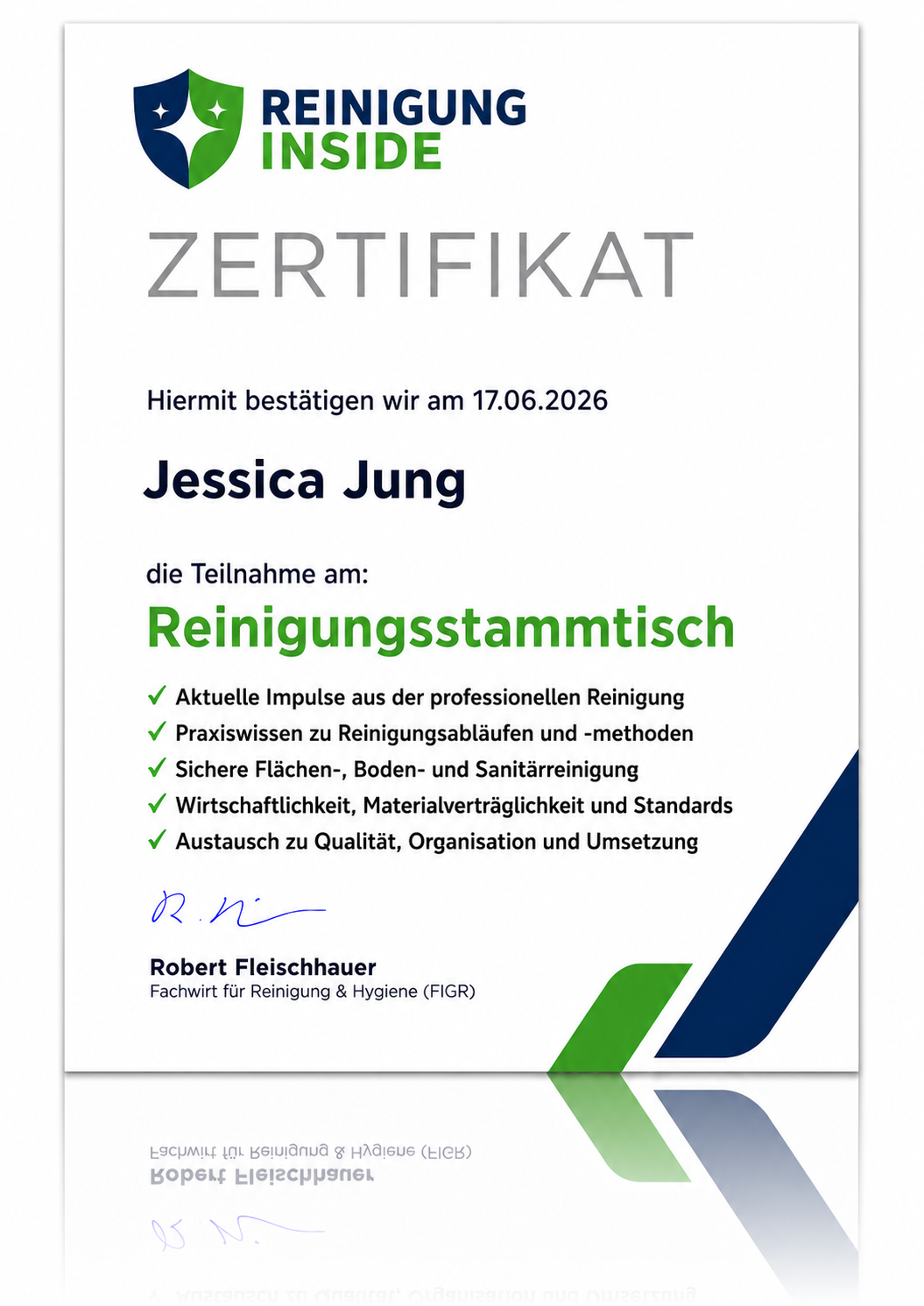 Beispiel Teilnahmezertifikat Reinigungsstammtisch